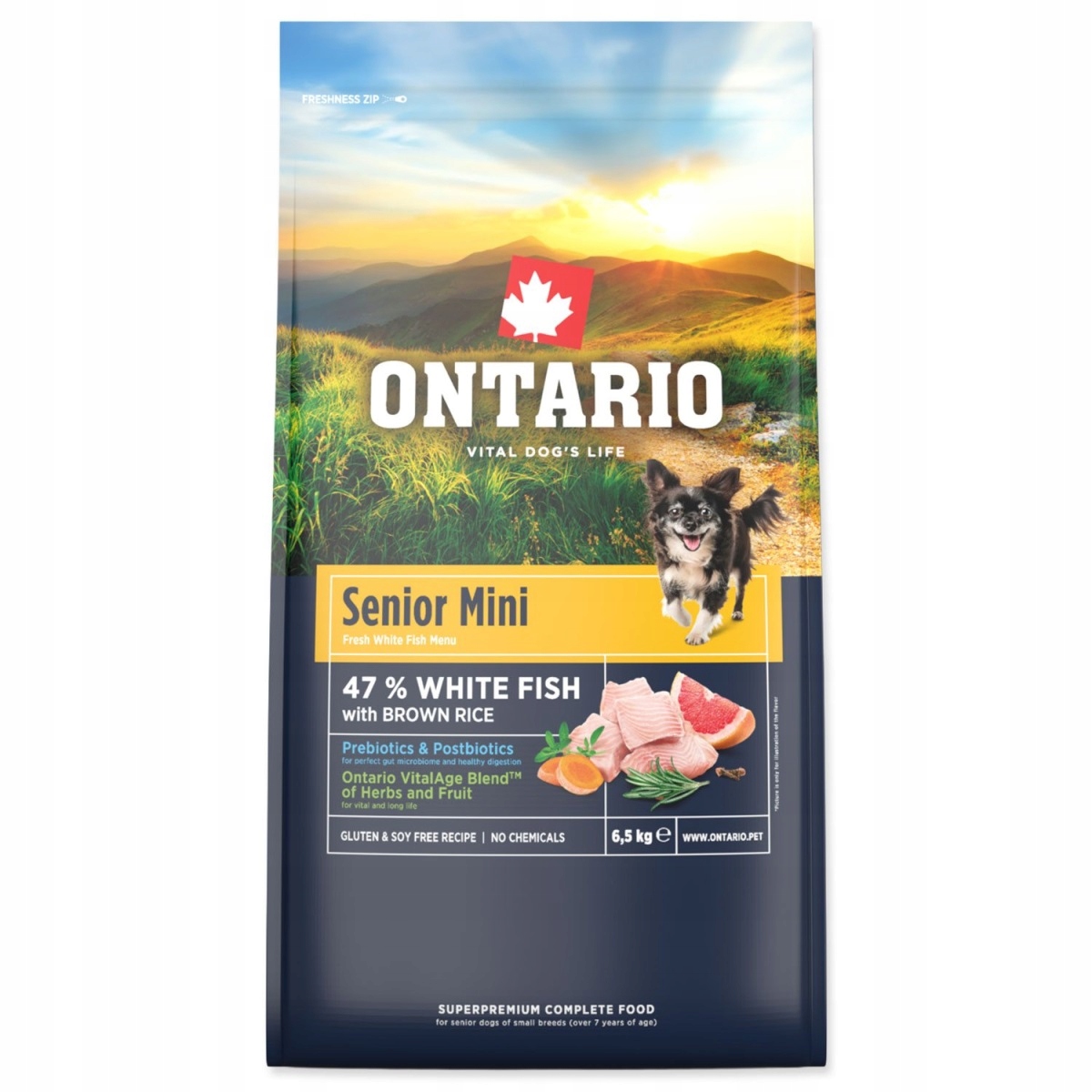 Levně Krmivo Ontario Senior Mini Fish & Brown Rice 6,5kg