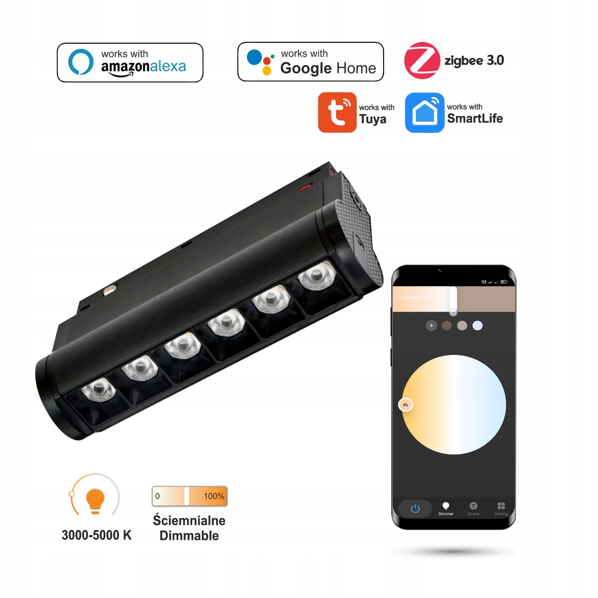 Lineárny Led reflektor WiFi Zigbee nastaviteľný 6W Smart Track 48VDC