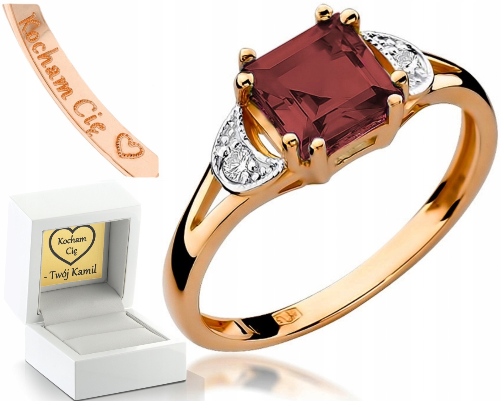 Prstýnek Granátové Brilianty Růžové Zlato Gravírování 585