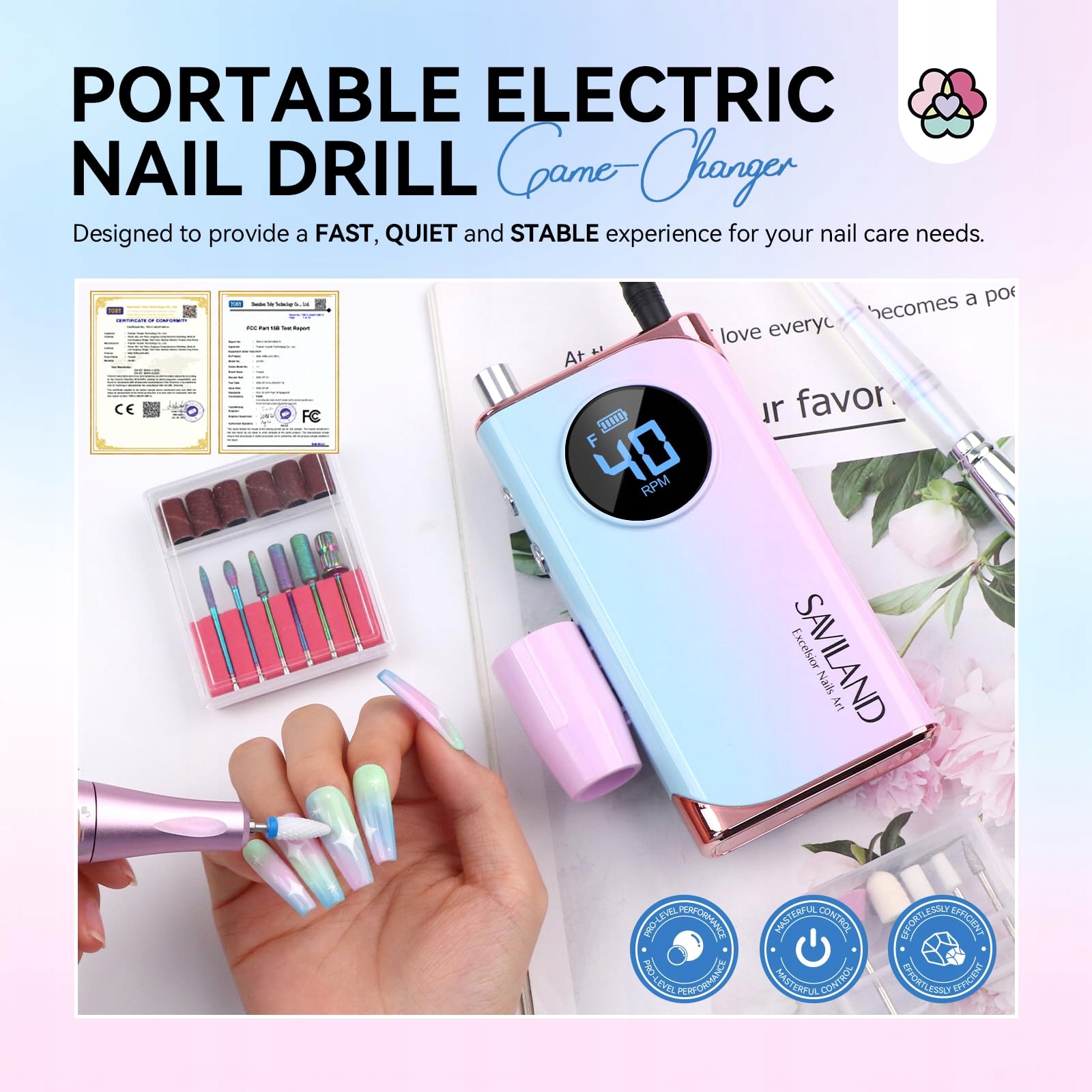 SAVILAND Elektryczna Frezarka Do Paznokci 40000RPM Manicure Pedicure Domowy — miniatura 2