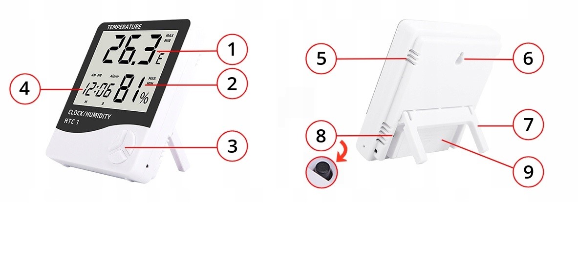 HIGROMETR TERMOMETR CZUJNIK POKOJOWY ZEGAR BEZPRZEWODOWA STACJA POGODY LCD Model 507002
