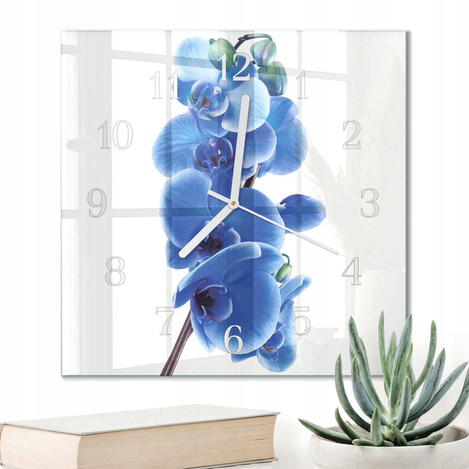 Čtvercové skleněné hodiny 30 x 30 cm do bytu s grafikou Orchidej