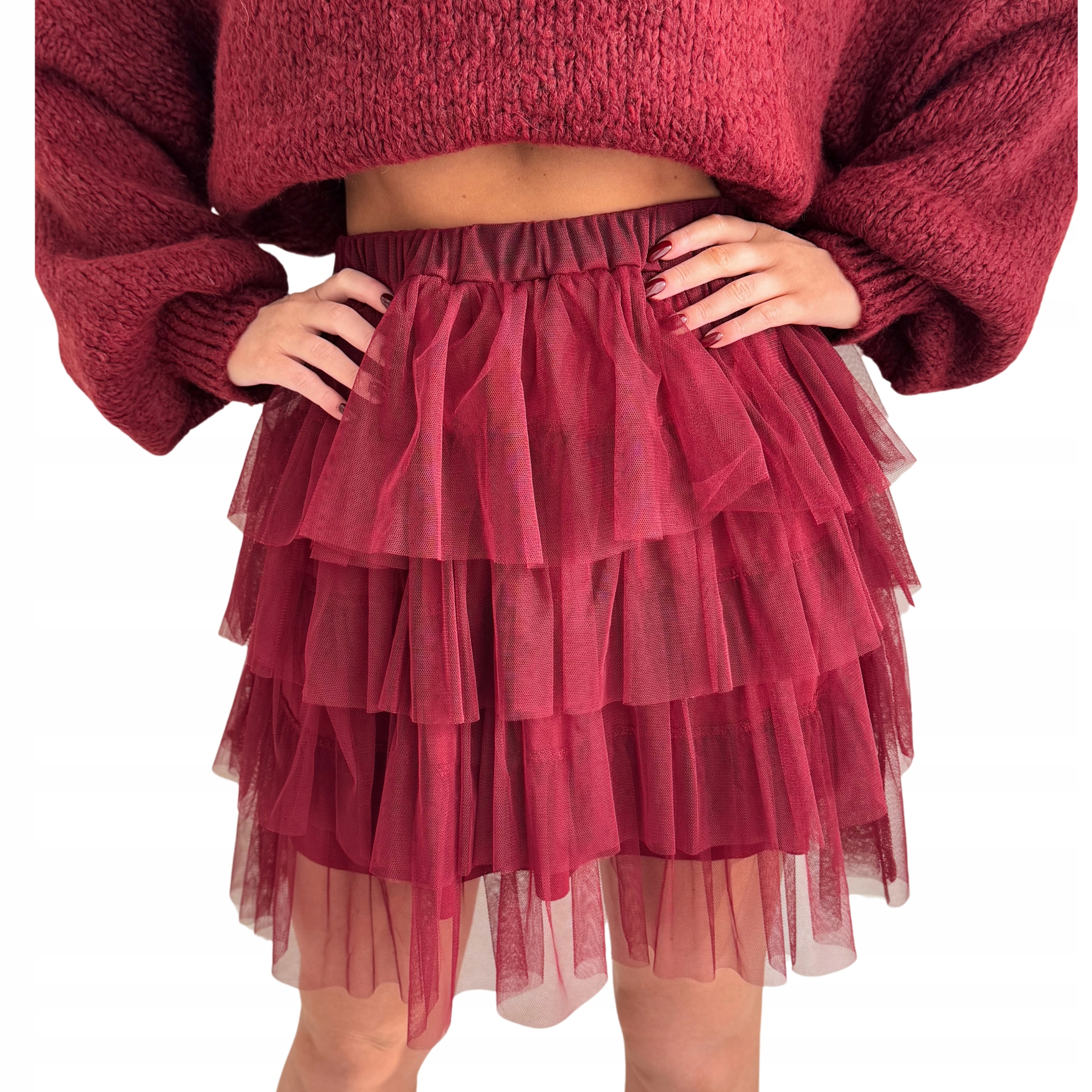 Spódnica tiulowa mini przed kolano, spódniczka tutu falbany bordowy r. Uni