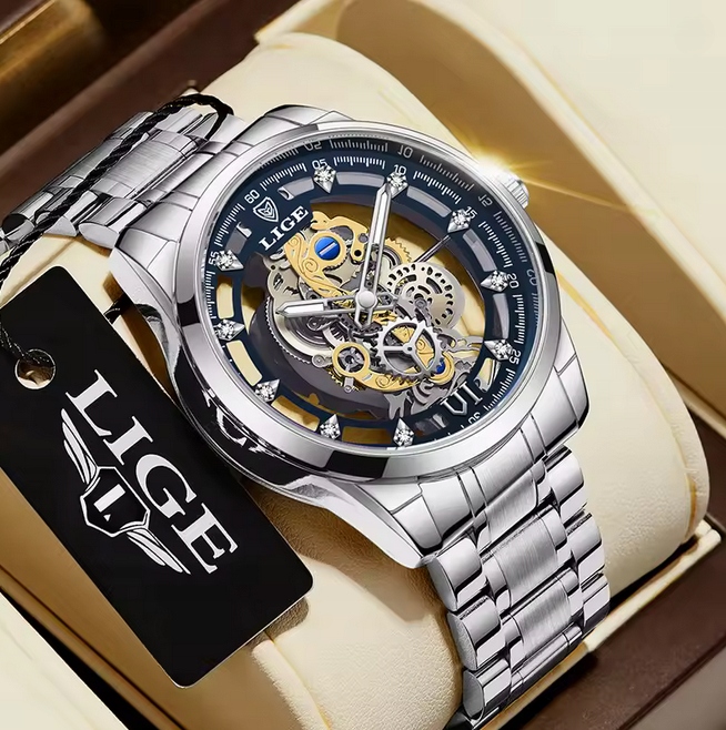 Lige Skeleton Men’s Luxury Quartz Watch Silver Blue pánské hodinky