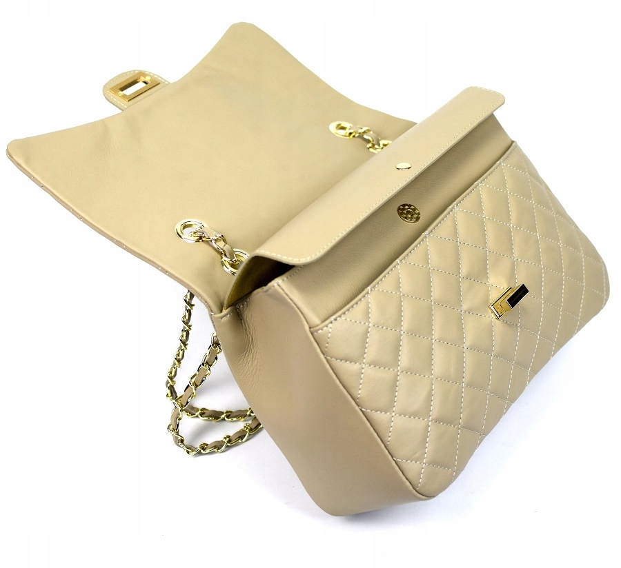 TOREBKA SKÓRA NAT. PIKOWANA FLAP KREMOWA XL 480H Styl miejski