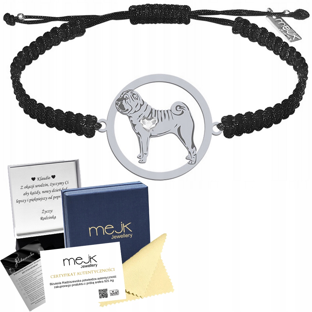 Stříbrný náramek se psem Shar Pei 925 Makramé Šperky Gravírování Bonus