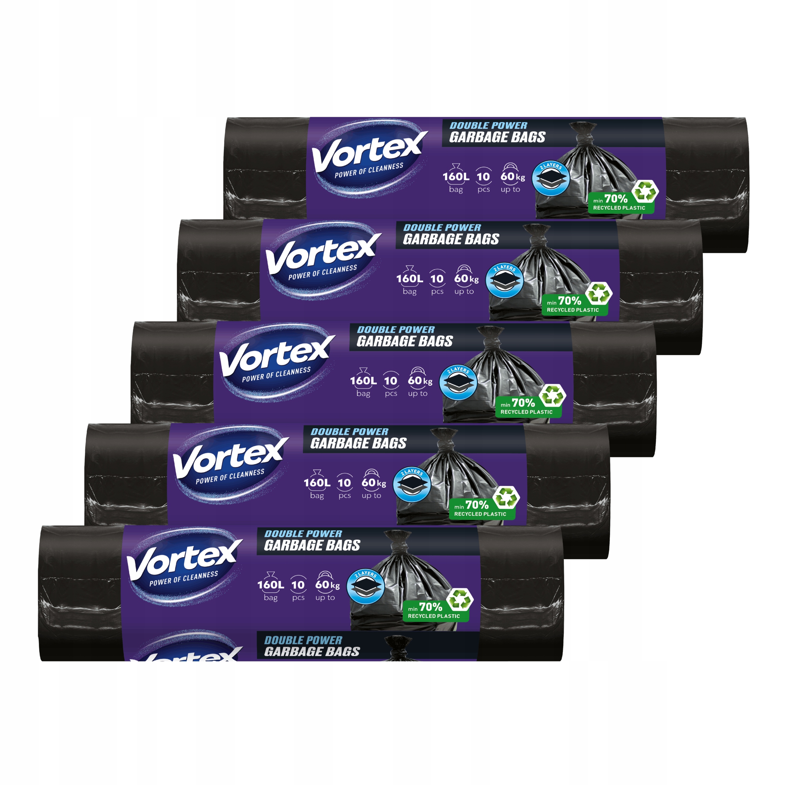 Levně Pevné Sáčky Na Odpadky 160L Dvouvrstvé Odolné Černé Vortex 5x10 ks