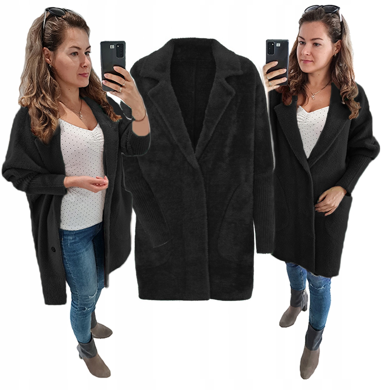 Duży Rozmiar 44-54 Płaszcz Alpaki oversize Czarny