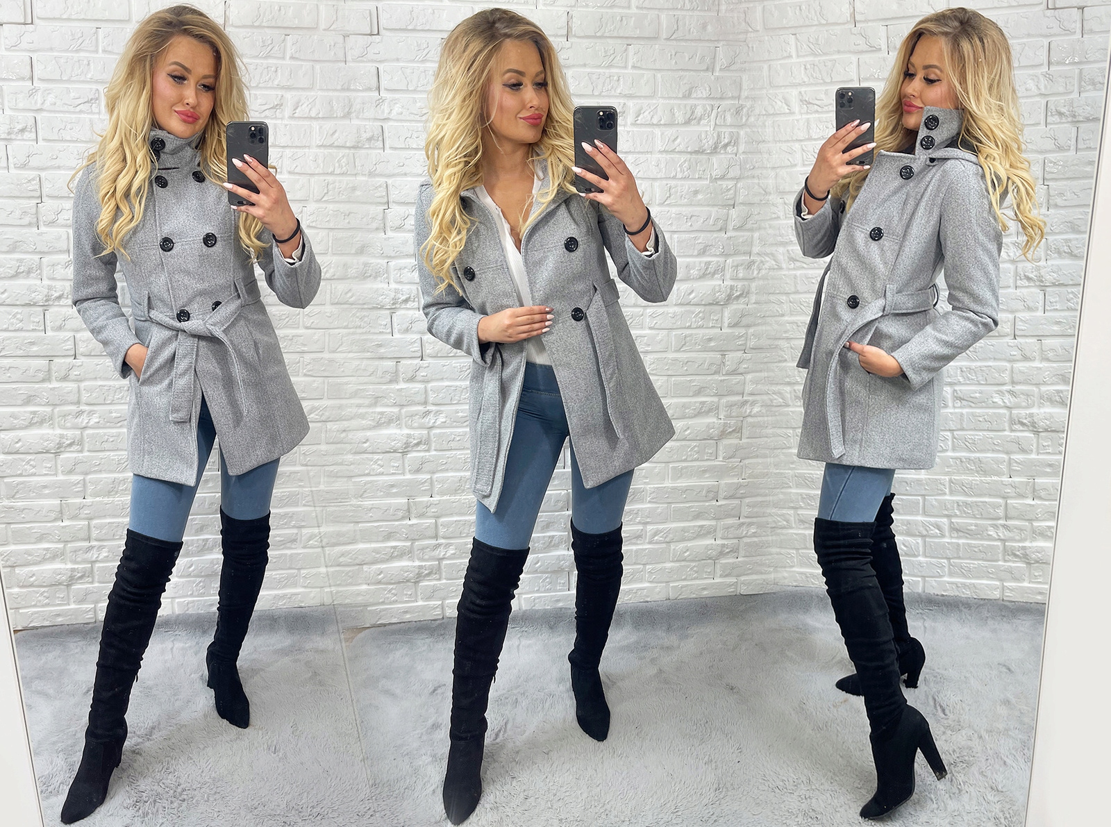 KLASYCZNY PŁASZCZ Z PASKIEM Z KAPTUREM_KOLORY_XL Wzór dominujący bez wzoru