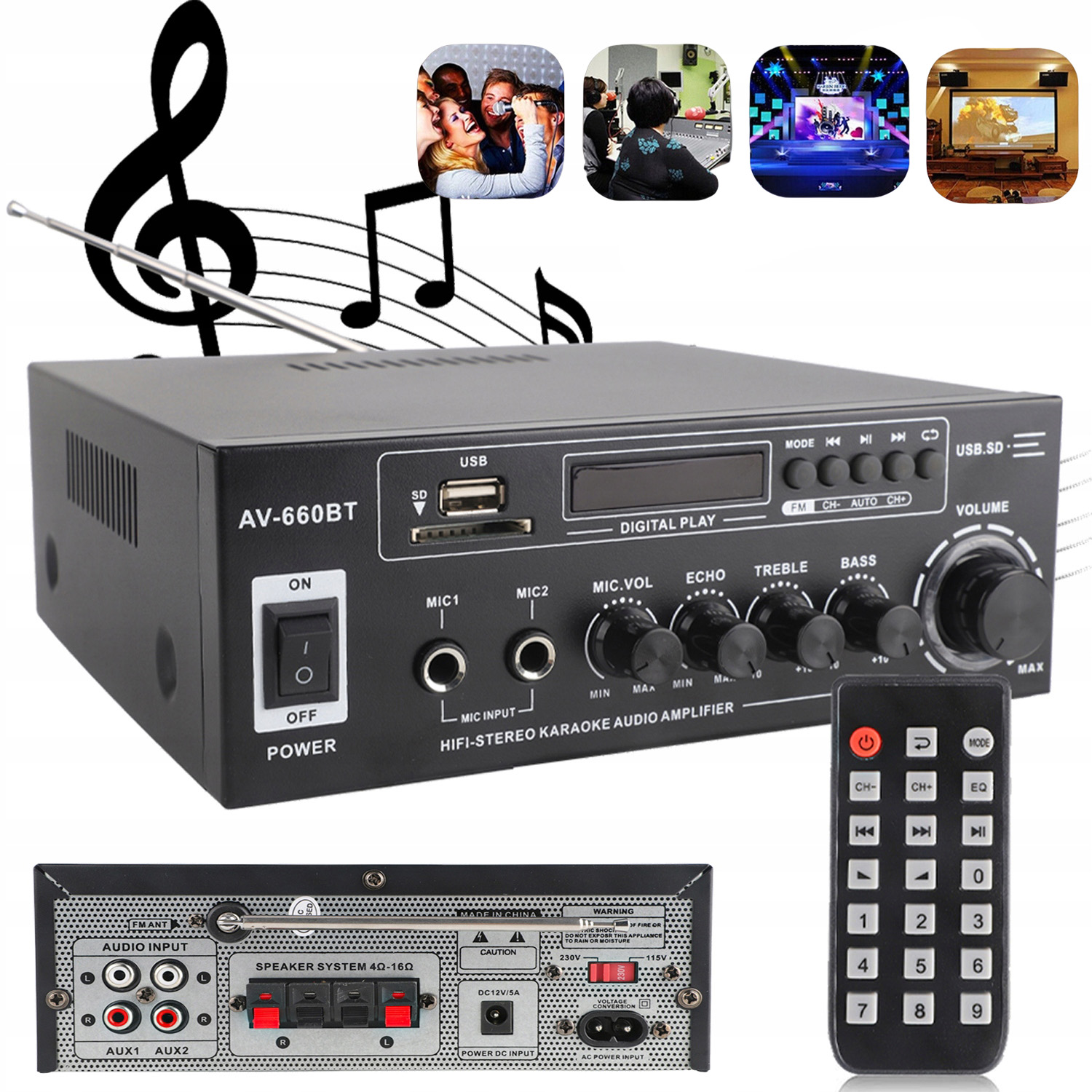 Receiver 3000W Bluetooth Usb Stereo Zesilovač Fm Rádio MP3 Domácí 230V