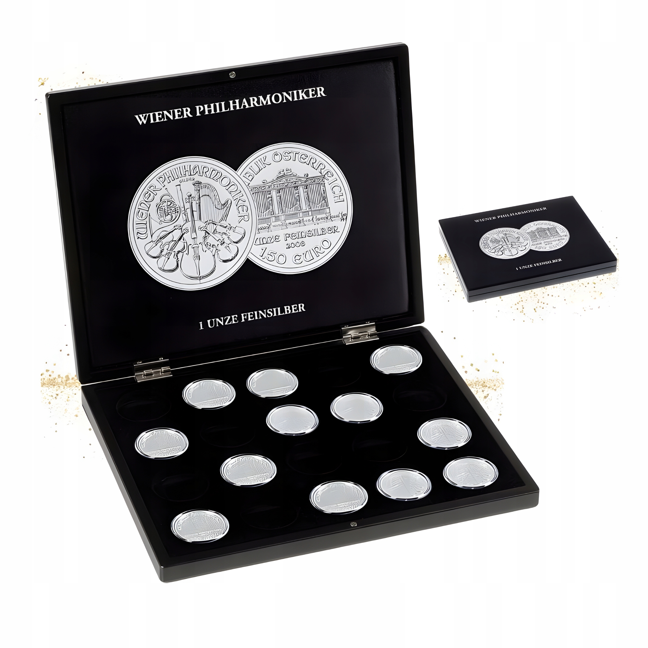 Kazeta na stříbrné mince Vídeňští filharmonici Leuchtturm 20 mincí v kapsl