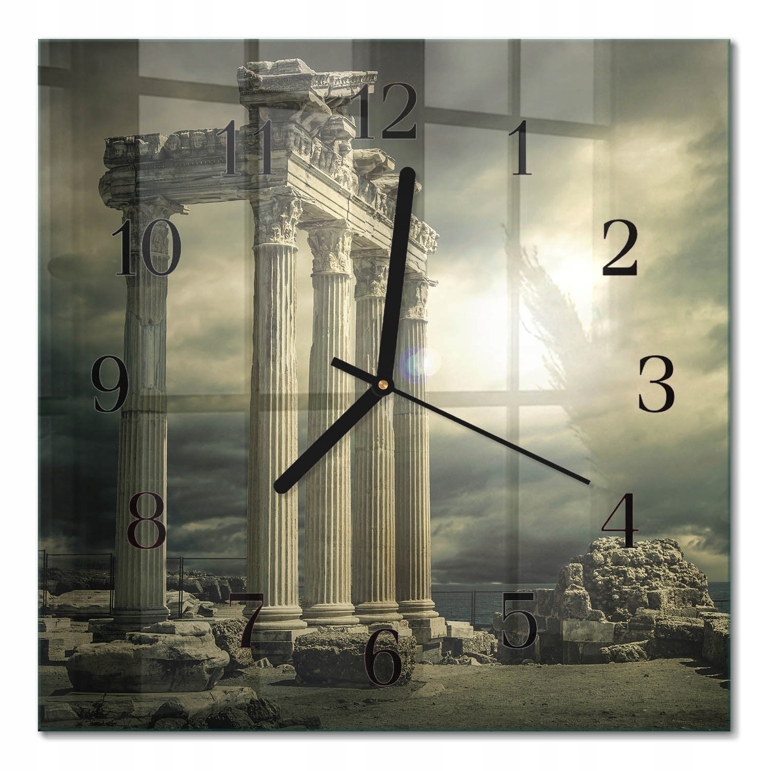 Designové čtvercové skleněné hodiny do interiéru s motivem Akropolis 30 x 30 cm