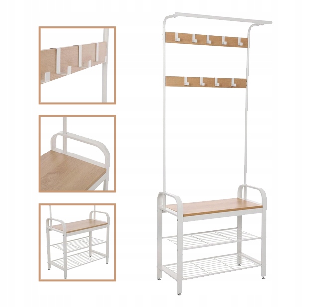 Wieszak stojący 183cm Na Ubrania Płaszcze Kurtki 2 Półki Na Buty siedzisko