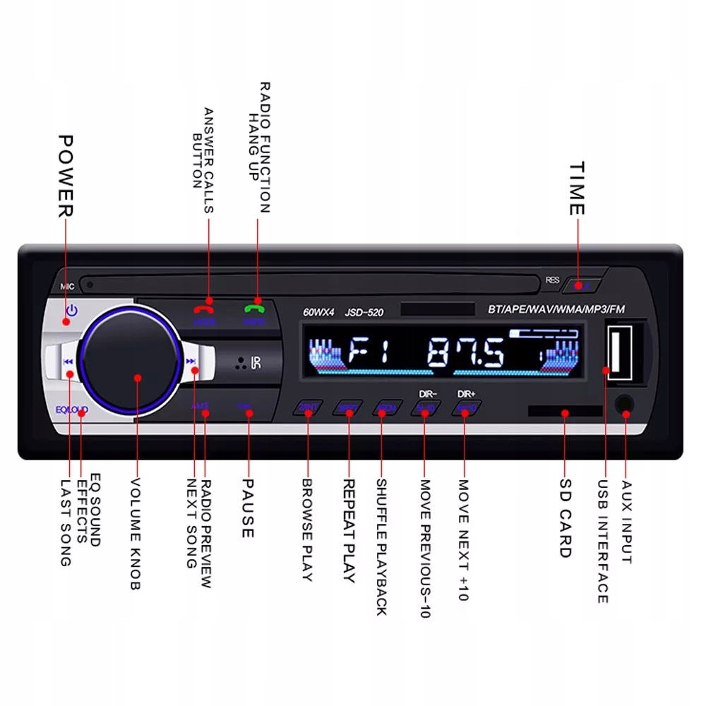 RADIO 1DIN BLUETOOTH USB SD AUX MP3 Marka Projack