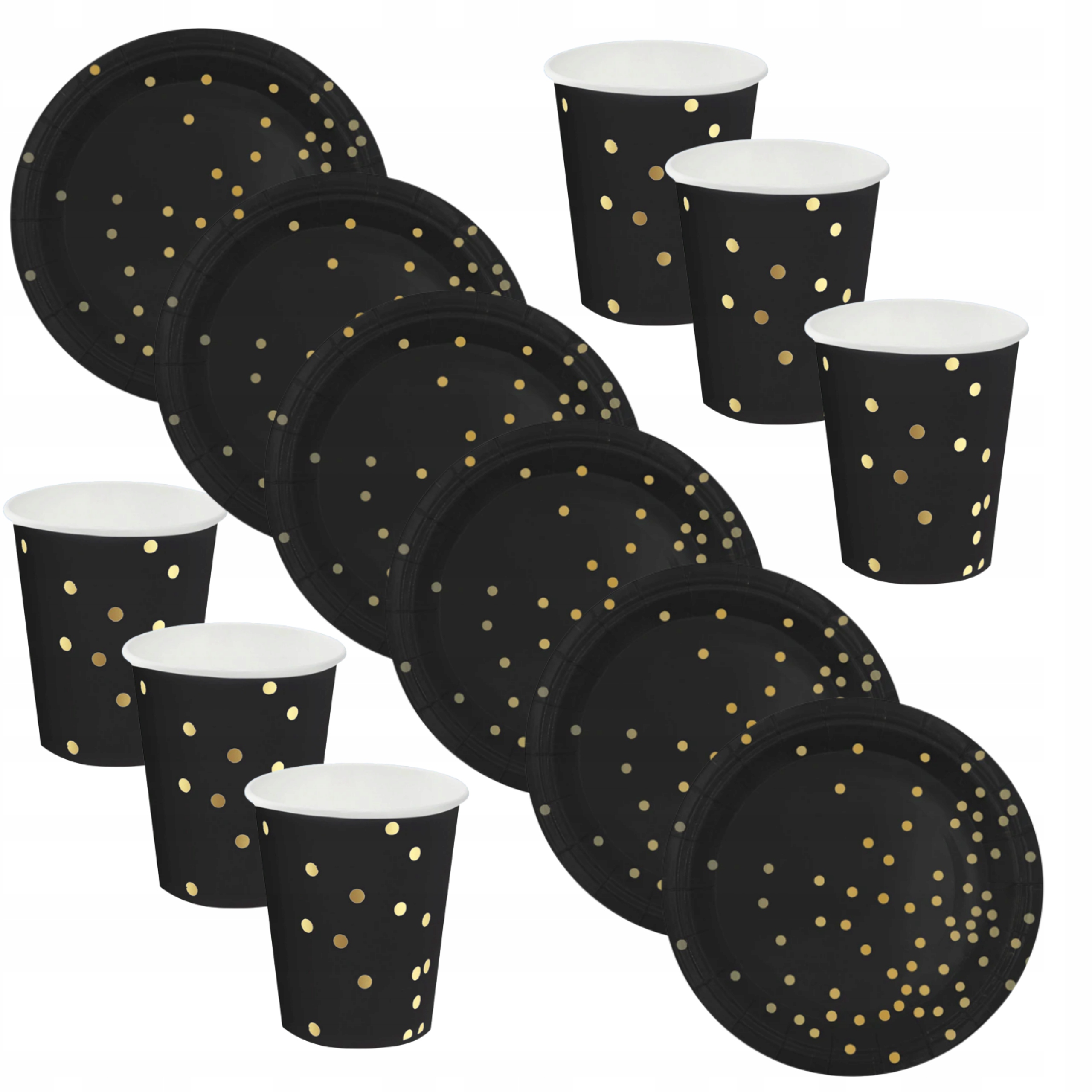 Komplet czarne talerzyki i kubeczki papierowe Czarny w Złote Kropki Zestaw Pojemność 180 ml