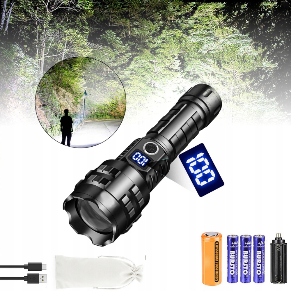 Výkonná Taktická Svítilna 15000 Lumenů Usb Vojenská s baterií