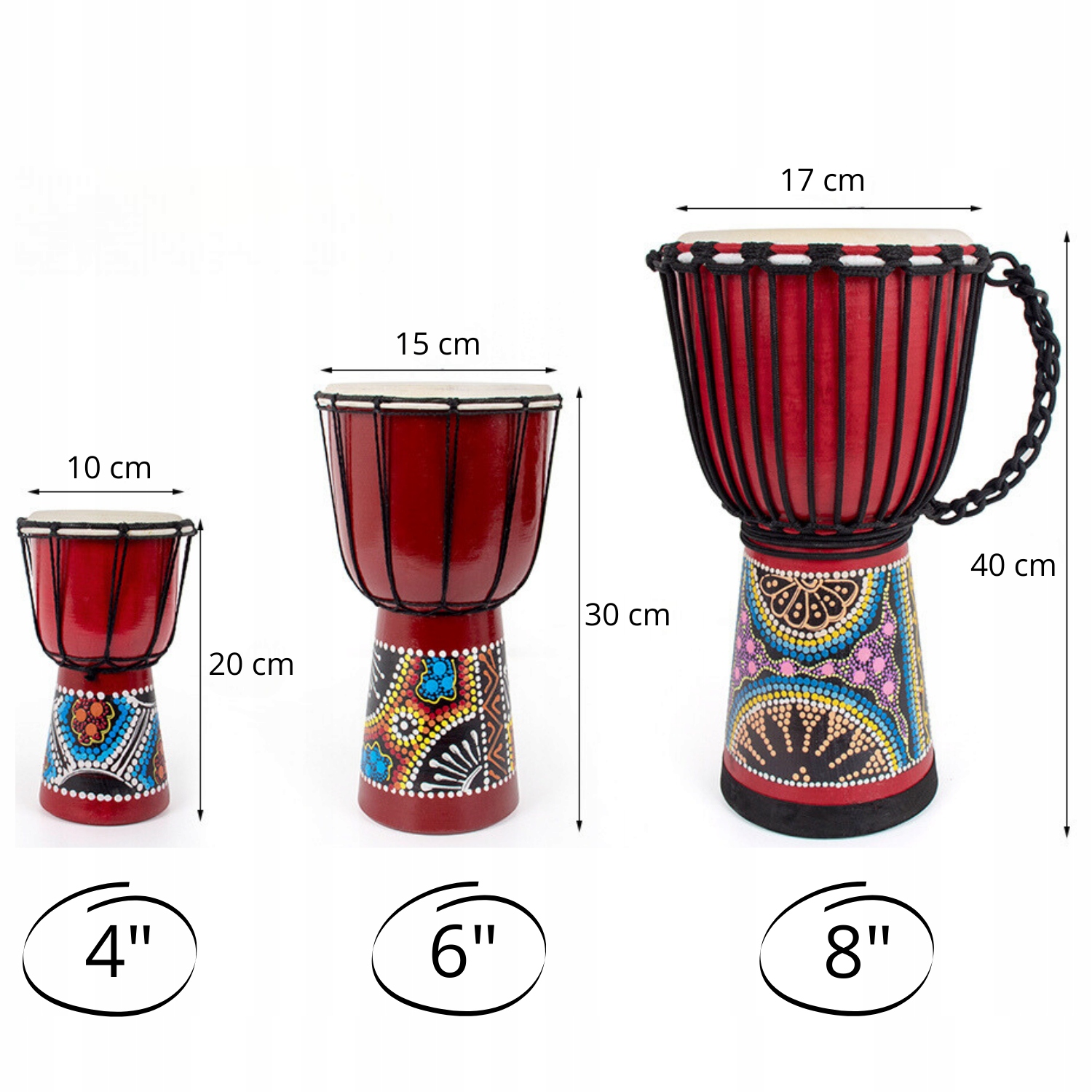Djembe bębenek afrykański 40 cm 8” malowany drewniany handmade bęben kazoo Nazwa koloru producenta mahoniowy z kolorowymi zdobieniami