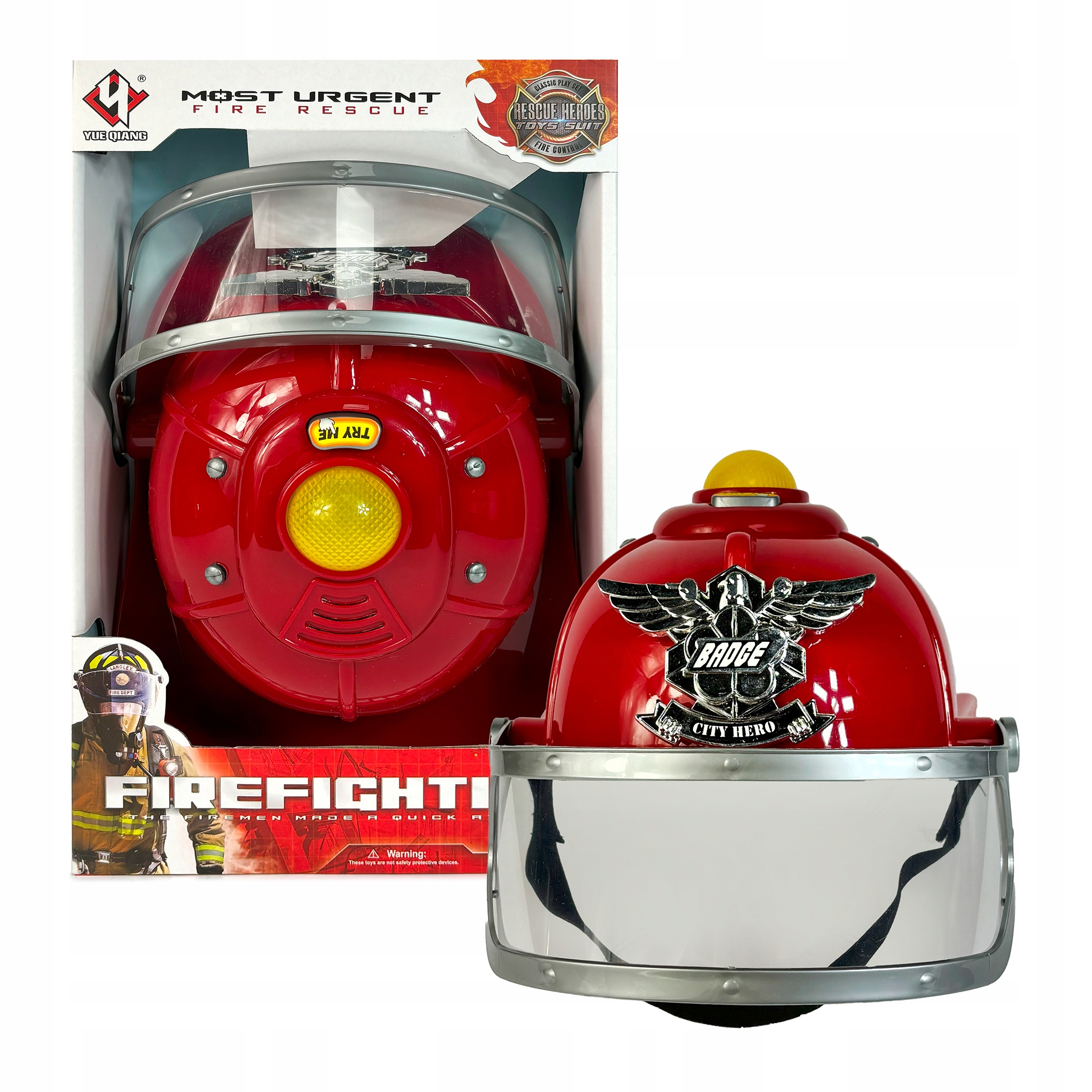 KASK STRAŻACKI Z DŹWIĘKAMI ŚWIATŁEM HEŁM STRAŻAKA DZIECI SYGNAŁ + AUTKO Materiał plastik