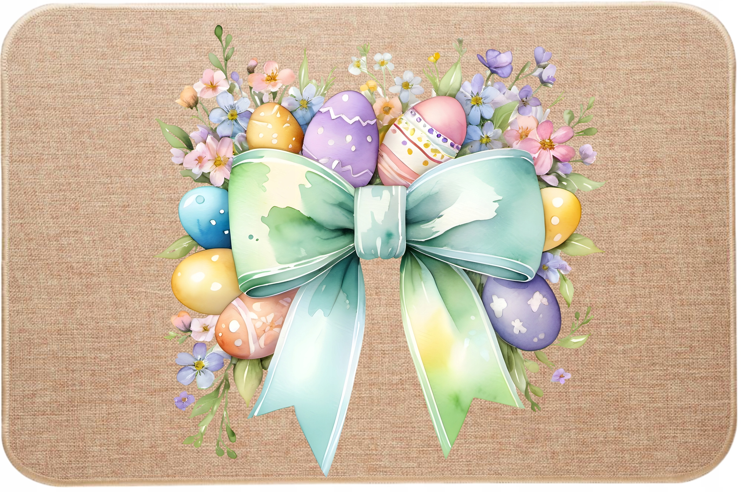 Velikonoční lněná rohožka s potiskem, ozdobná Mašle s kraslicemi