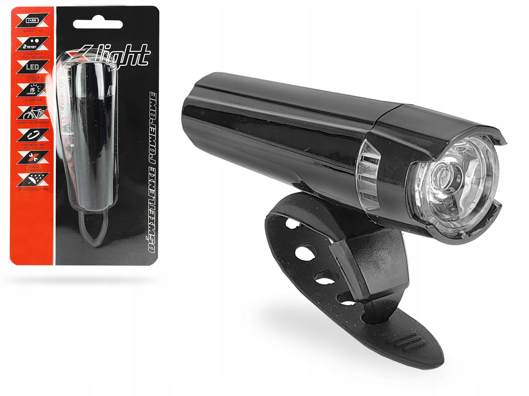 Lampka rowerowa na przód X-light 15lm 1xAA