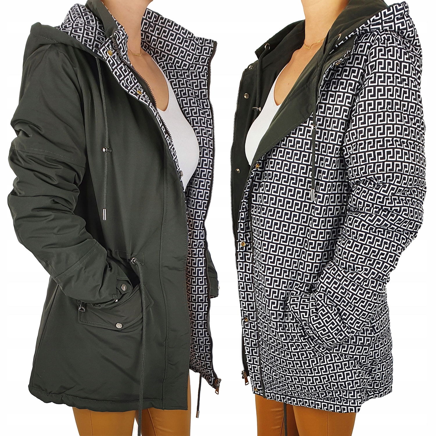 #oboustranná Bunda Dámská Parka S Kapucí Khaki
