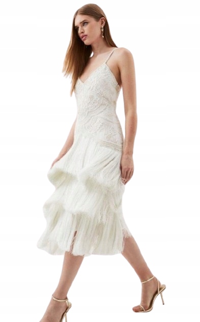 Karen Millen Šaty Zdobená Ecru MIDI 38 Y1O