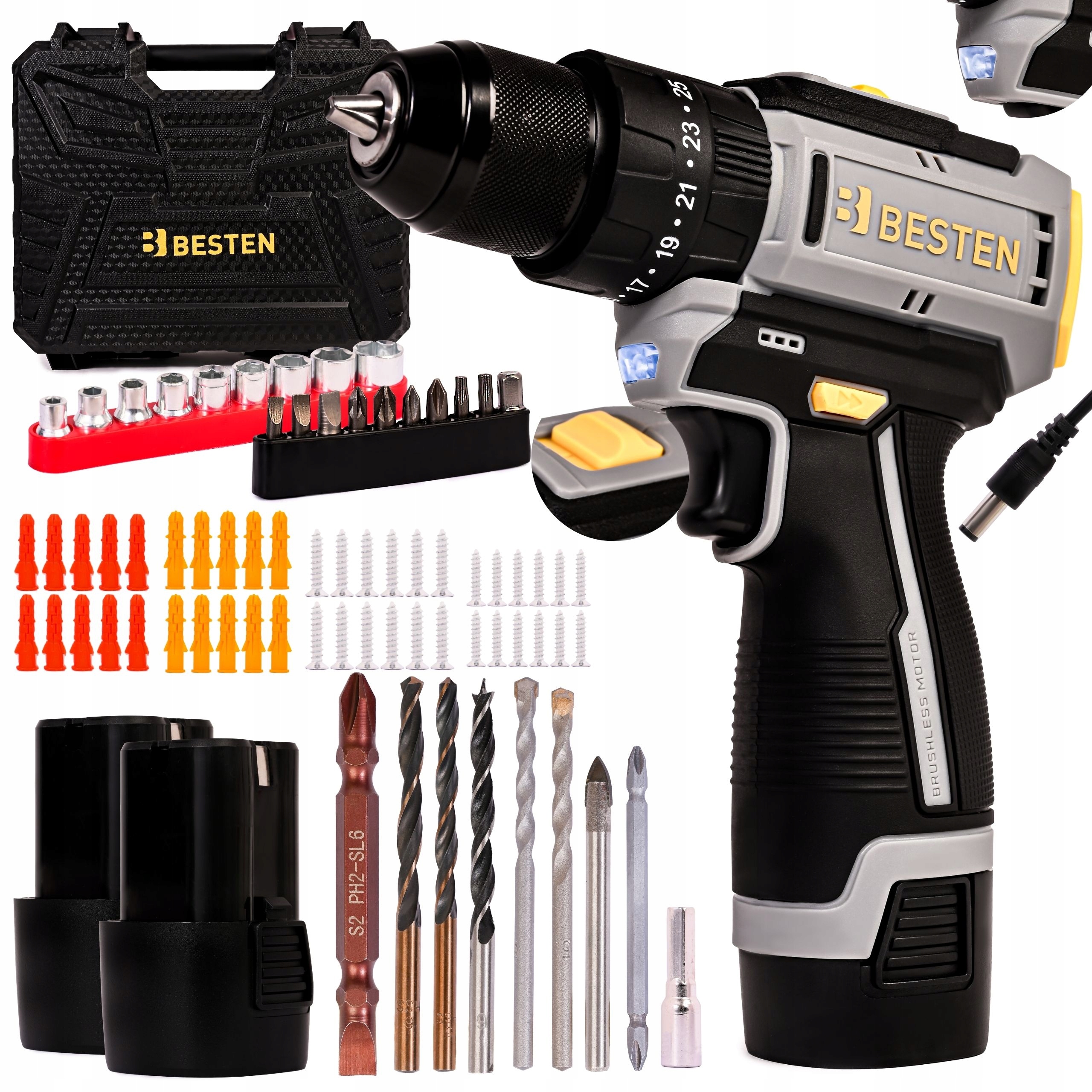 Akumulatorowa Wiertarko-Wkrętarka z udarem Bezszczotkowa 2Xaku Zestaw XXL