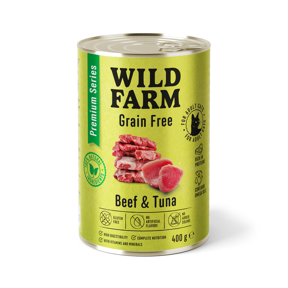Levně 9X Wild Farm Premium Grain Free Beef Tuna 400g bezobilné krmivo pro kočky