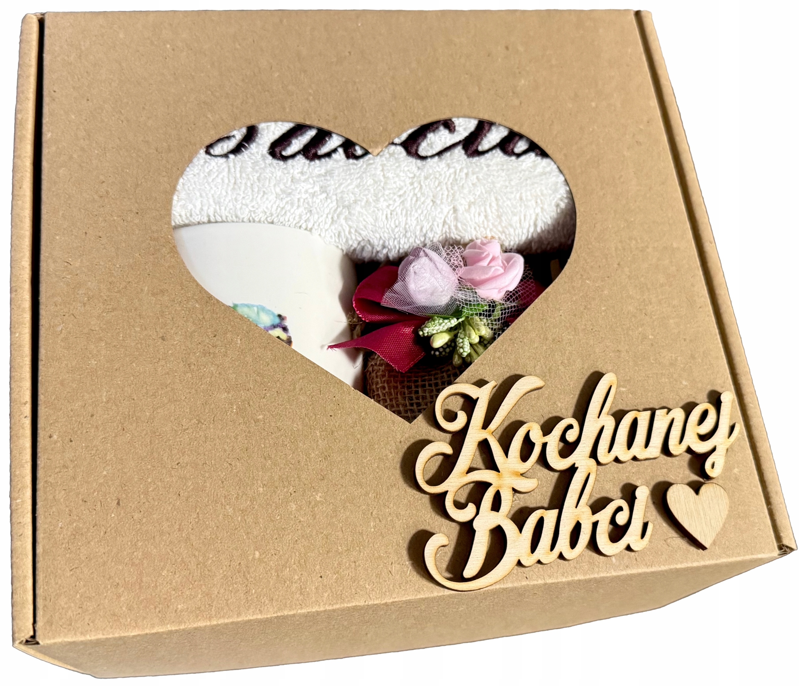 dla Babci na Dzień Babci Box Kosz Prezentowy Ręcznik Haft Kubek