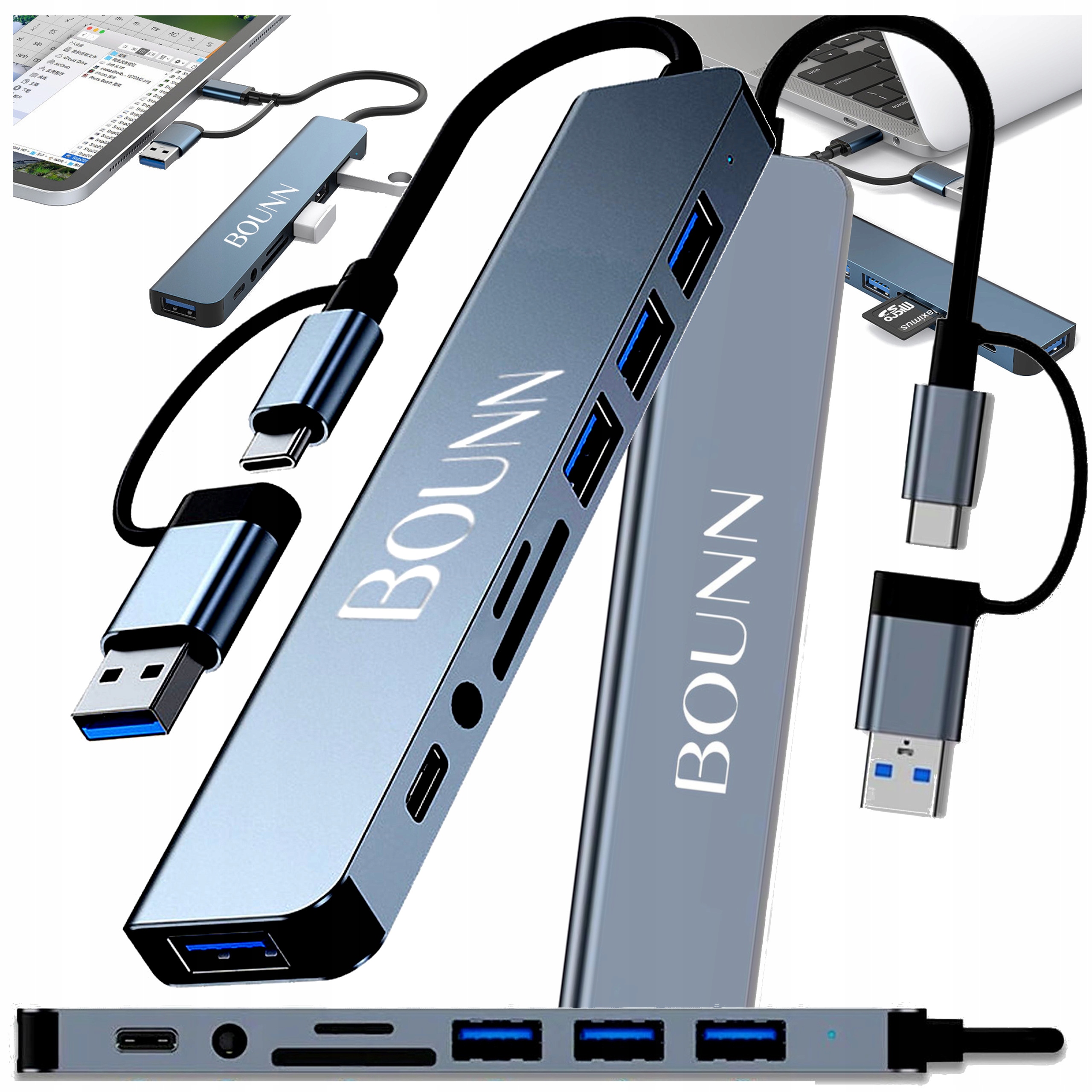 Hub 8w2 USB-C/A rozdzielacz 3xUSB 2.0+1x3.0 Sd/Tf USB-C miniJack3,5mm Bounn