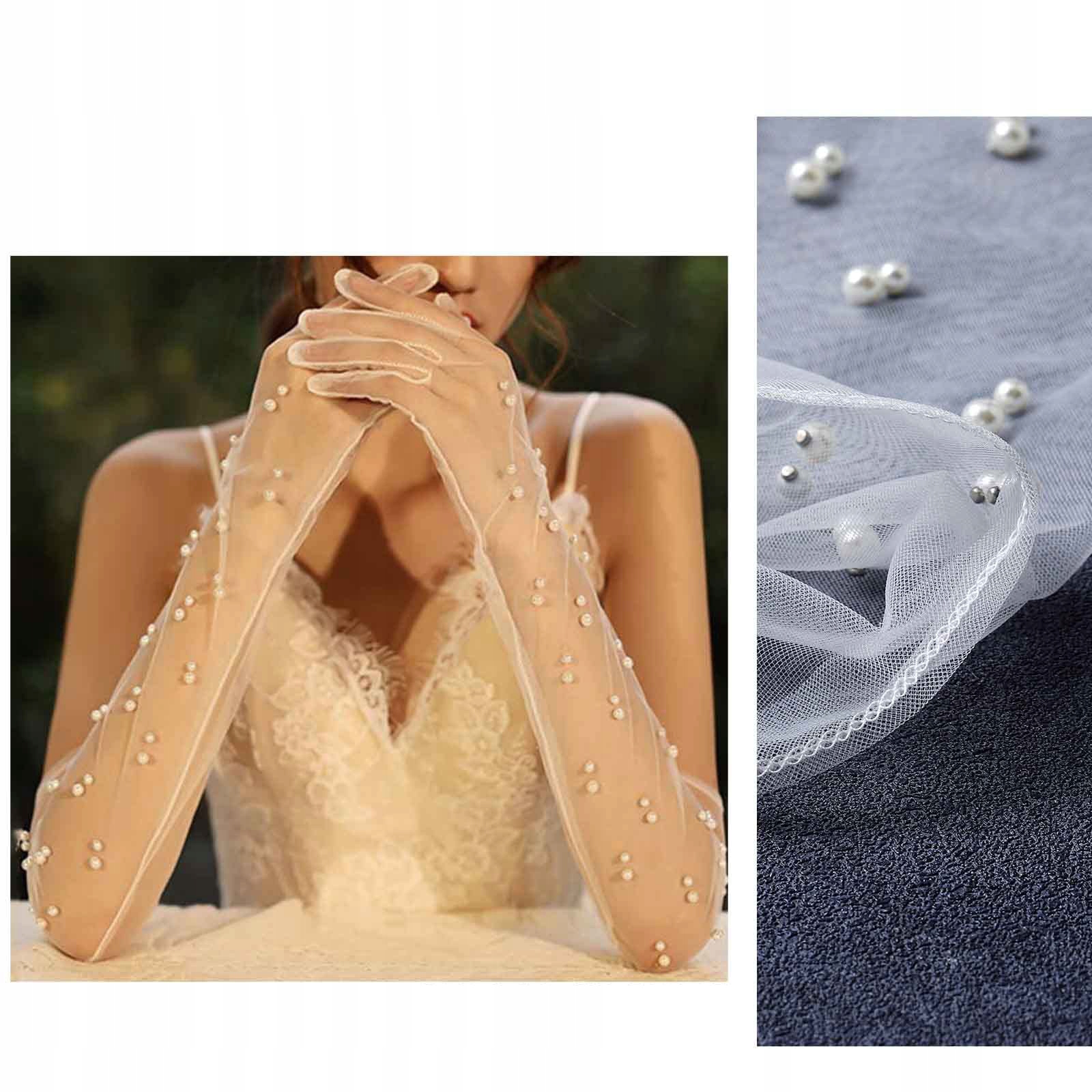 Perłowe koronkowe rękawiczki białe ślubne Długość za łokieć