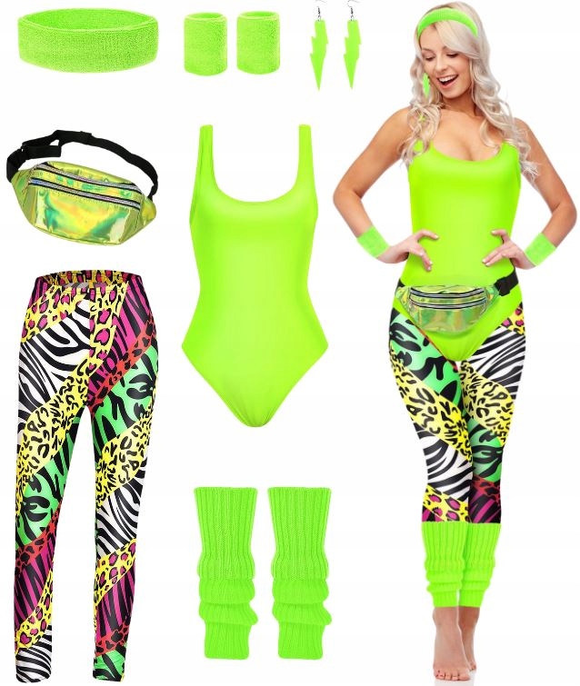 Kostým Převlek Disco Neon Léta 80 90 Set Retro Body Legíny 8V1 M L