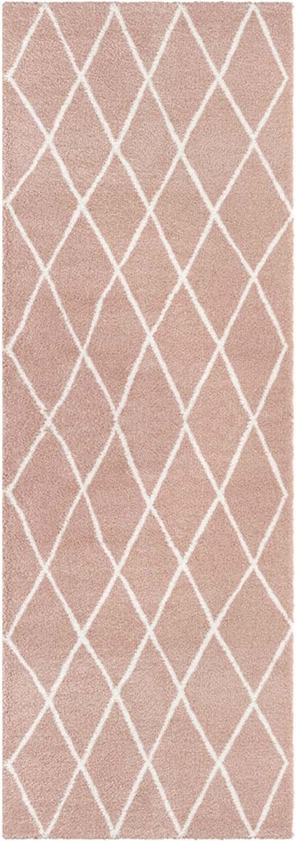 Růžově krémová hustá koberec typu shaggy, běhoun vzor boho80x200cm