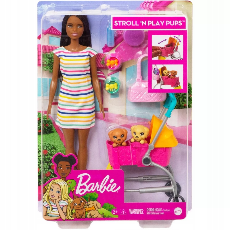 

Mattel Barbie Brunetka Lalka Spacerówka Z Pieskami