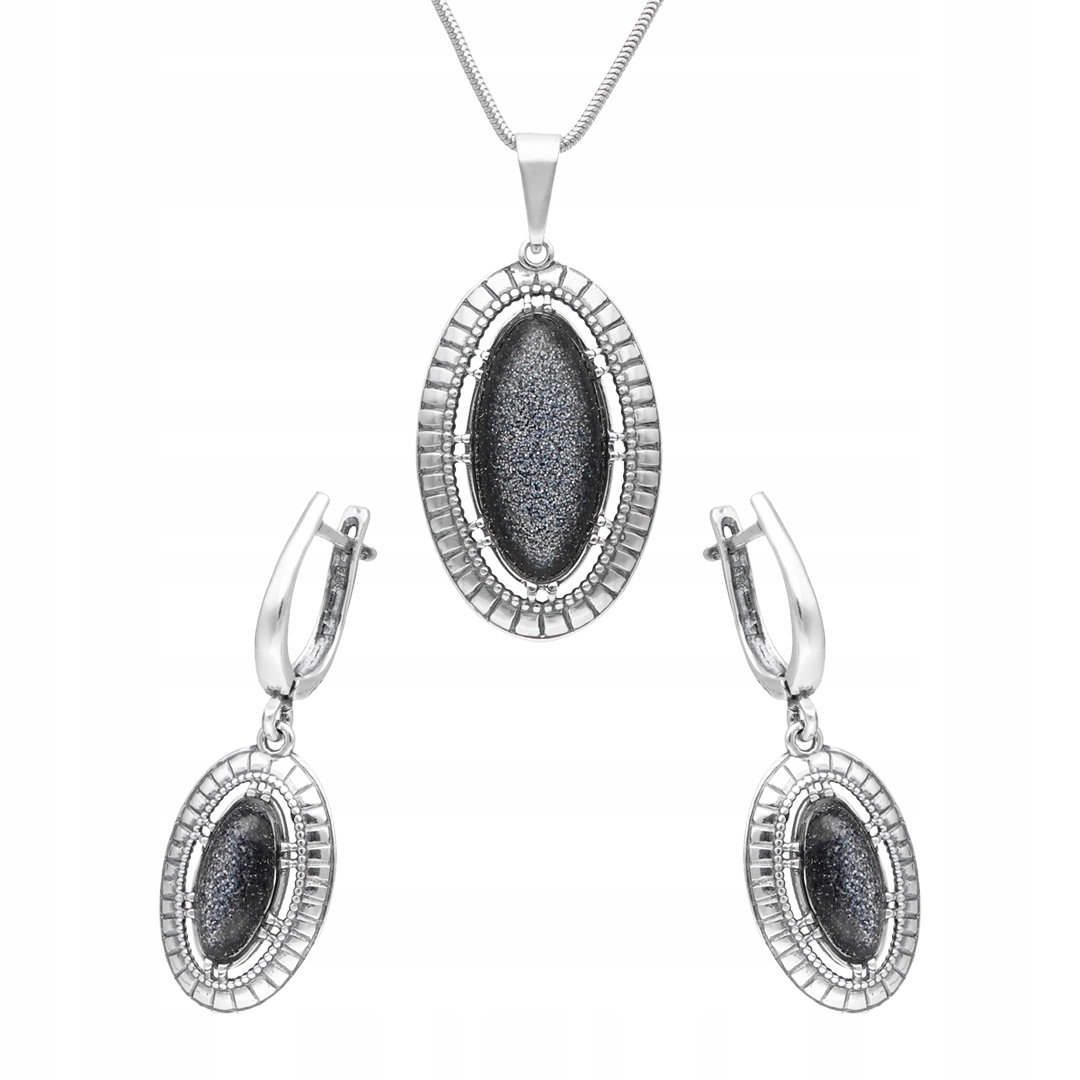 Komplet s oválným solárním kamenem, multicolor, stříbro