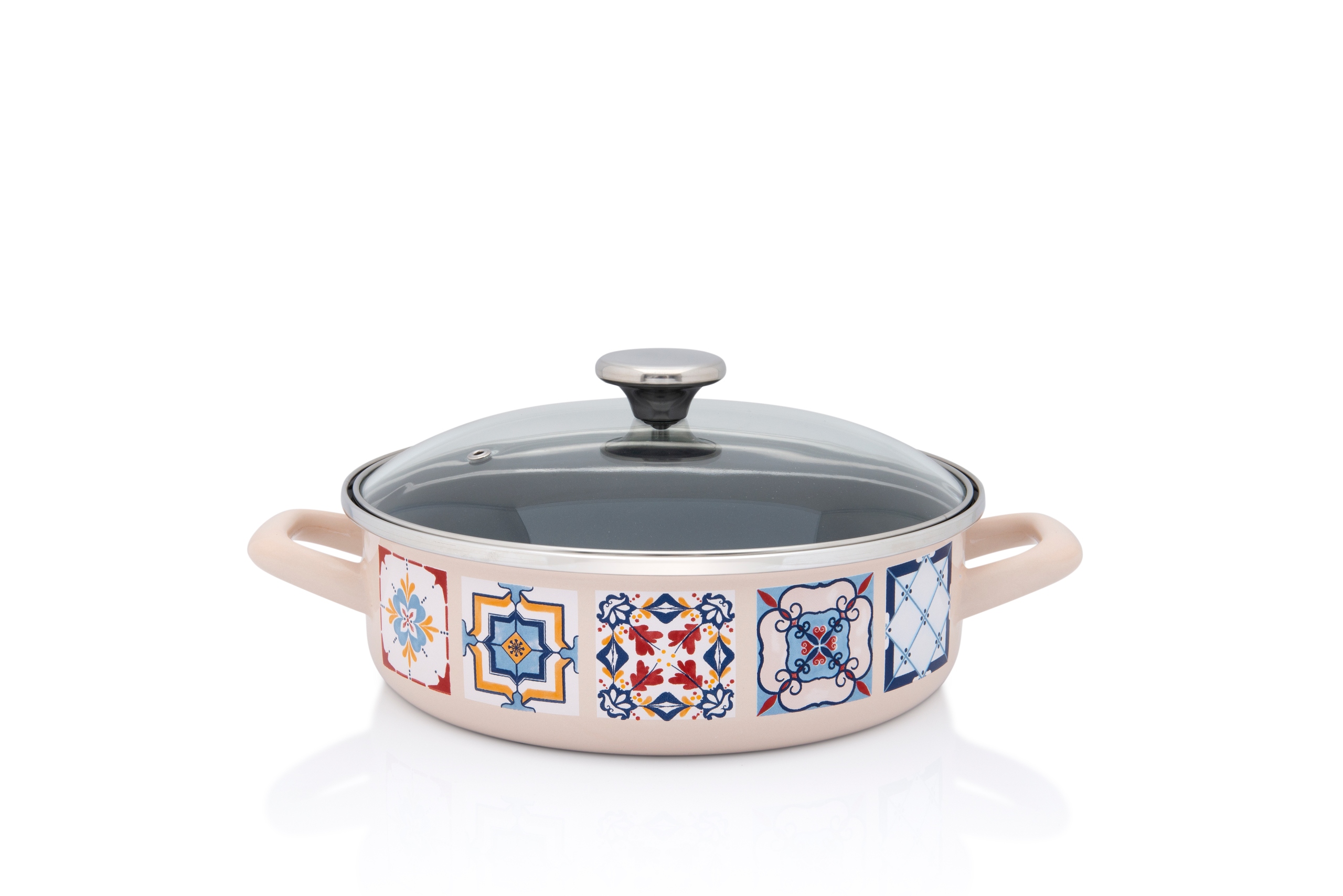 Okrągłe emaliowane naczynie do duszenia 24 cm średnicy, kremowe, Porto