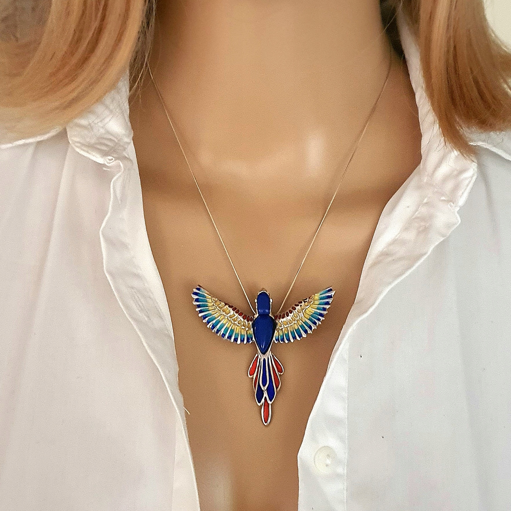 Stříbrný Přívěsek Papoušek, Barevný Pták, Achát A Smalt