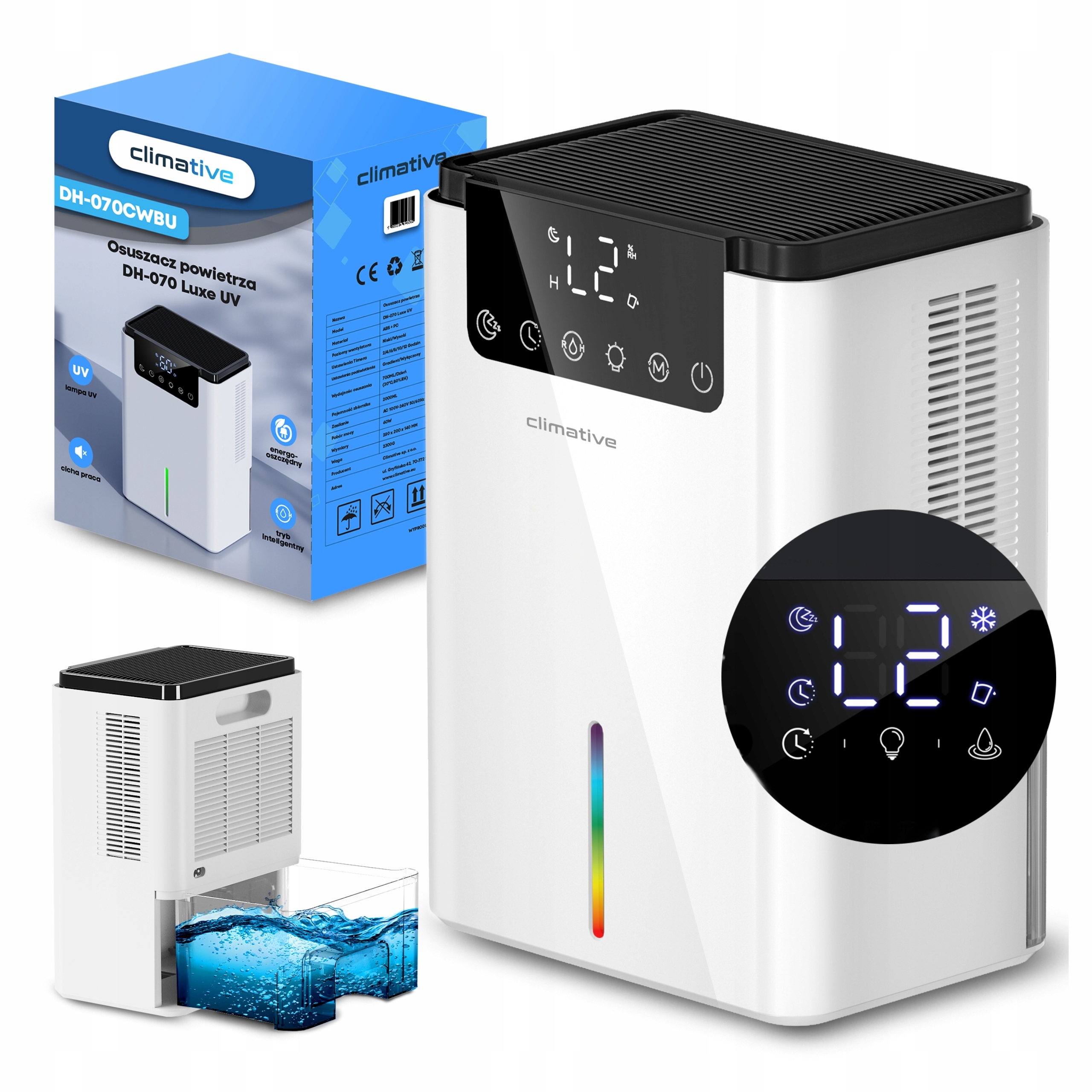 Tichý Pohlcovač Vlhkosti XXL Odvlhčovač vzduchu Luxe Výkonný 2000ML Led+uv