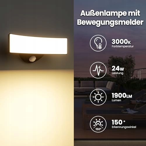 VIIIVA Lampa Zewnętrzna LED z Czujnikiem Ruchu IP65 Ciepła 3000K Czarna — miniatura 2