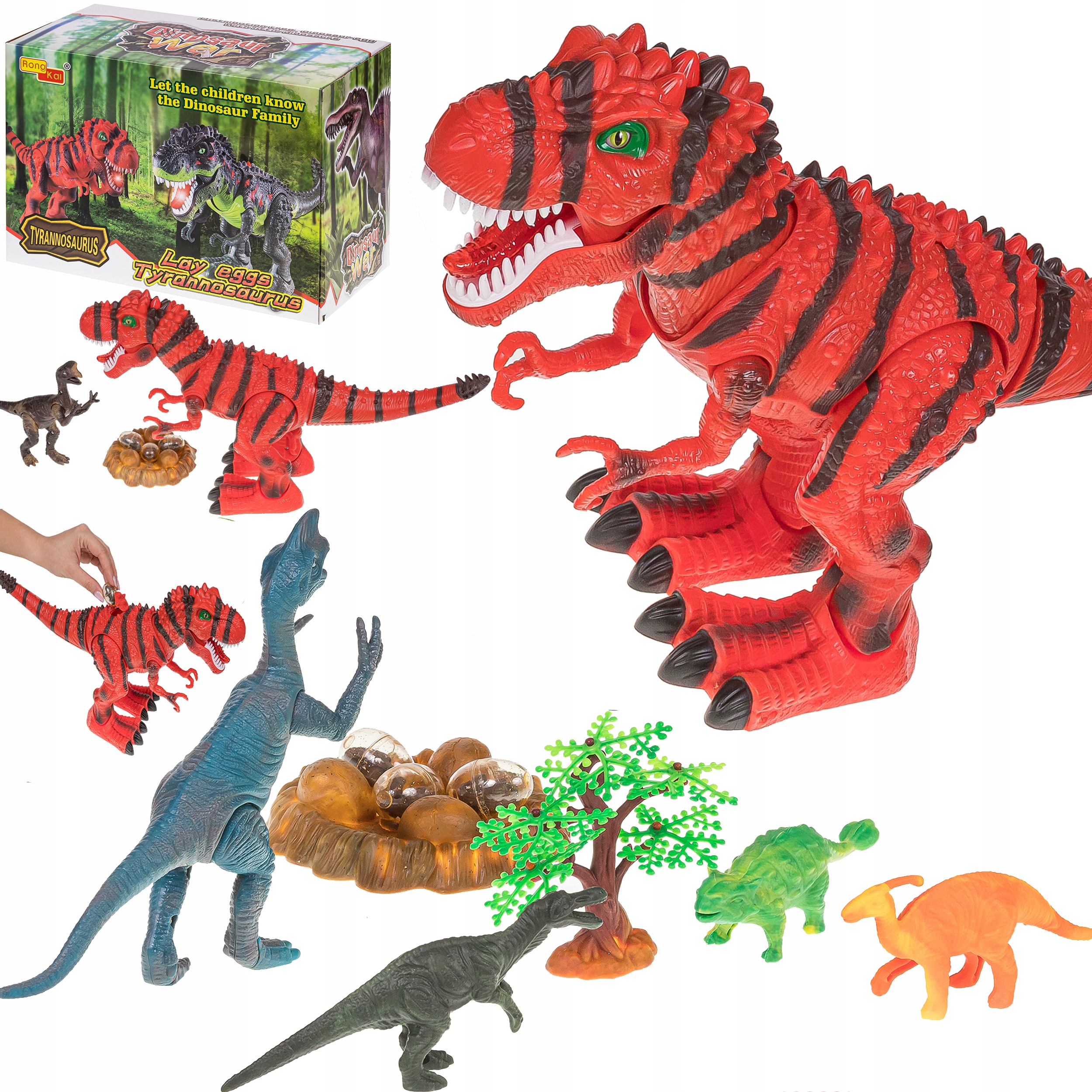 

Duży Dinozaur T-rex Chodzi Świeci Ryczy Znosi Jaja