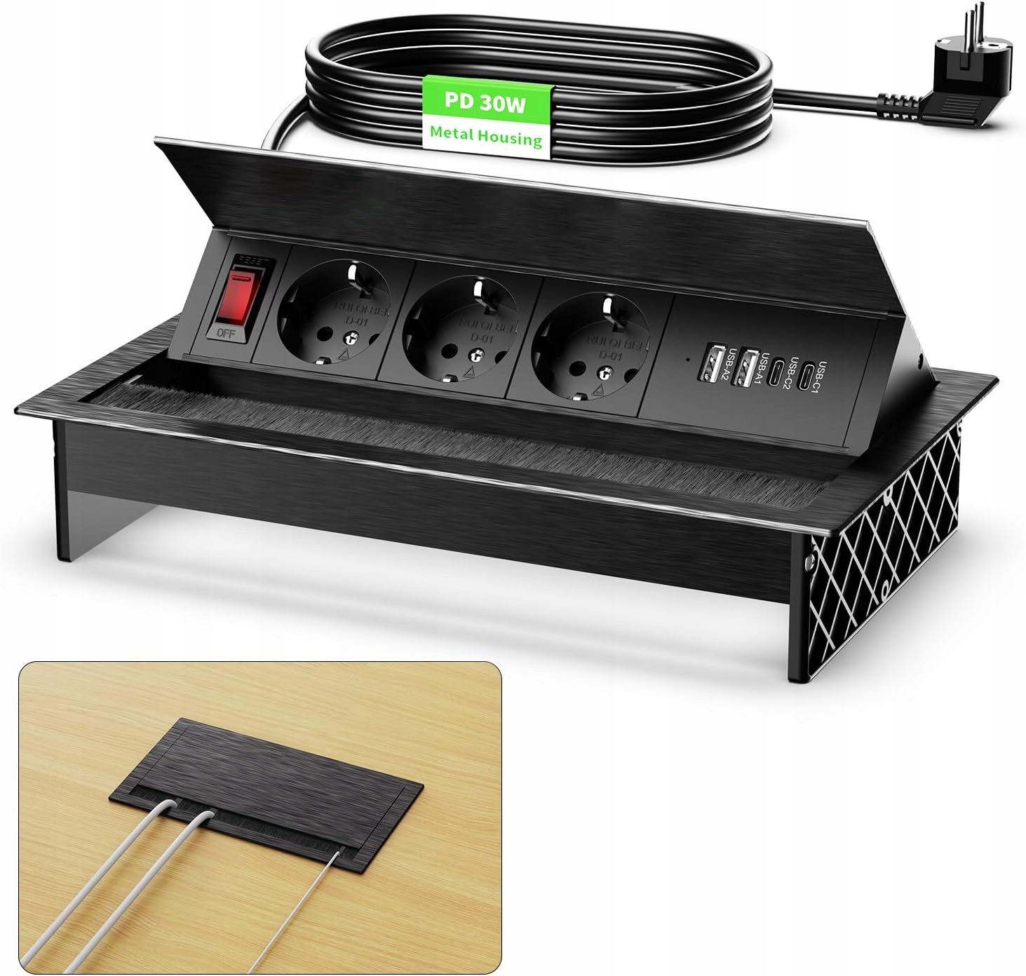 Zásuvková lišta pro zabudování 2 Usb C Pd 30 W, hliníková