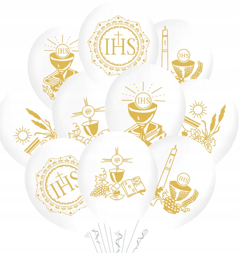 Balony komunijne Mix wzorów I Komunia Święta IHS 10 sztuk