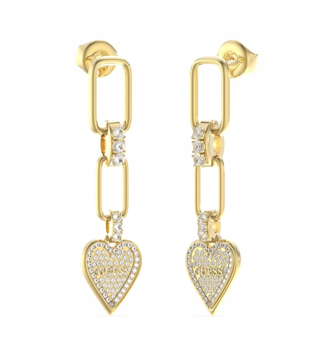 Náušnice Guess Závěsné srdce Zirkon a logo Ocel barva zlatá Dýka