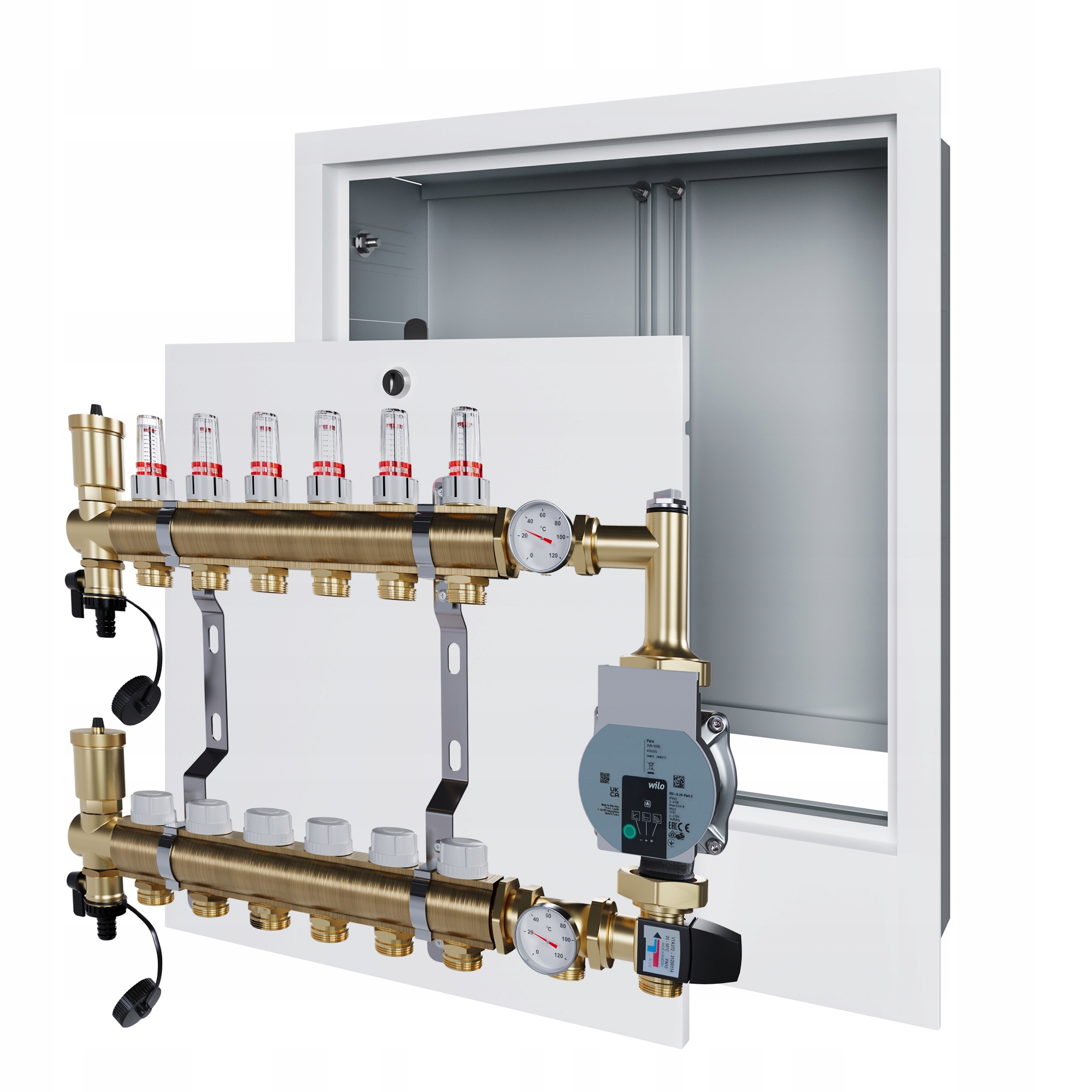 Rozdělovač pro podlahu 6 s čerpací skupinou Wilo a podomítkovou schránkou