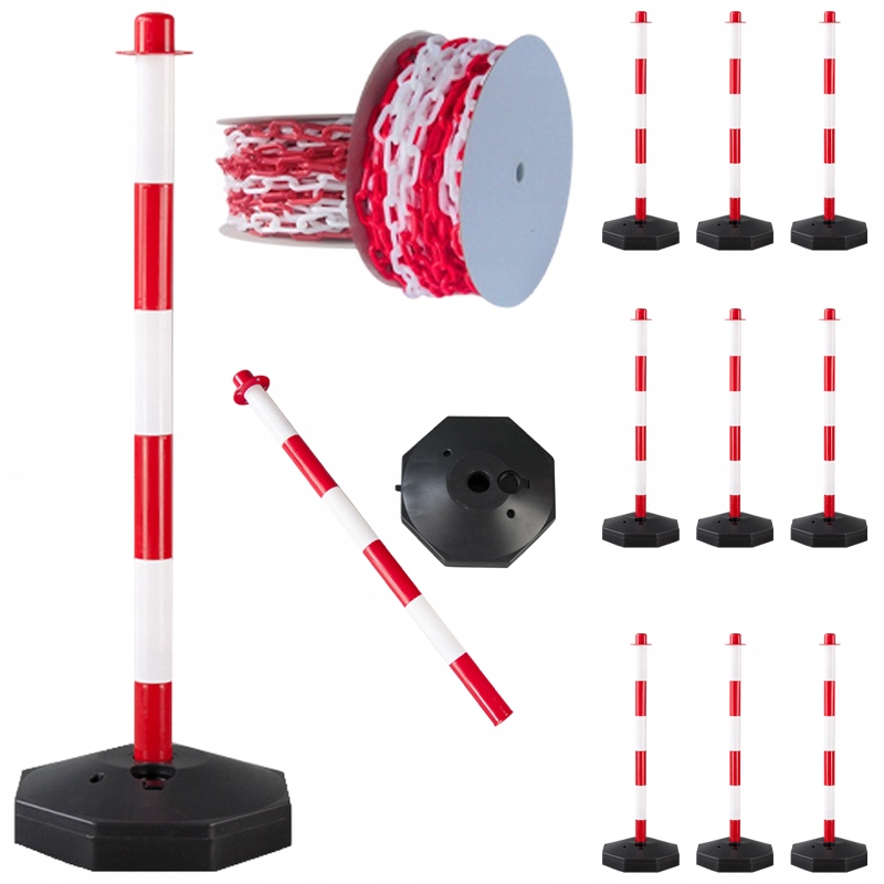 Sada Výstražných Sloupků X10 Ohradní Řetěz Bílo Červený 25 M