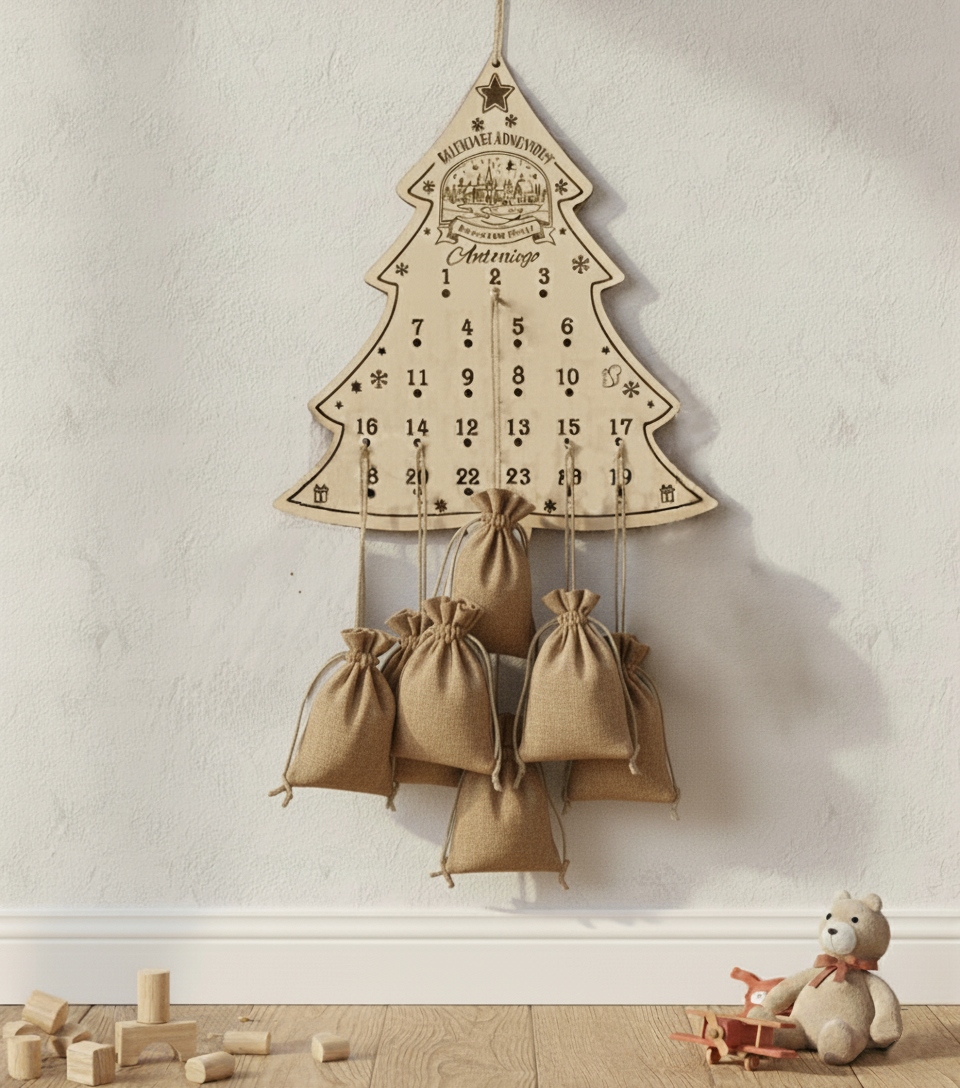 Adventní Kalendář Základna Dřevo 3D 24 Sáčků Juta Personalizace