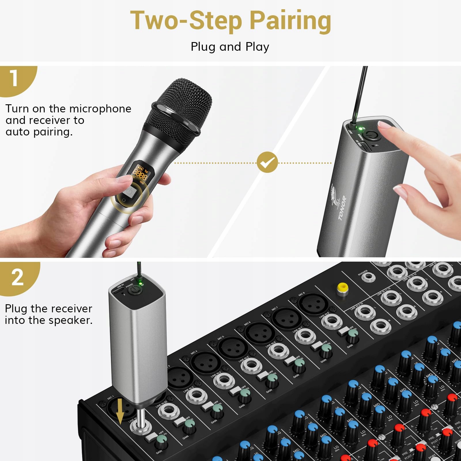 TONOR Mikrofon Bezprzewodowy UHF System Karaoke PA 60m Srebrny — miniatura 4