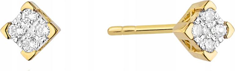Zlaté náušnice 585, čtverečky, šroubky s diamanty, módní vzor jako dárek