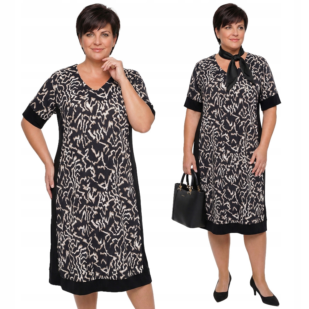 Černá šaty s hnědo-béžovým vzorem plus size velikost 56/58