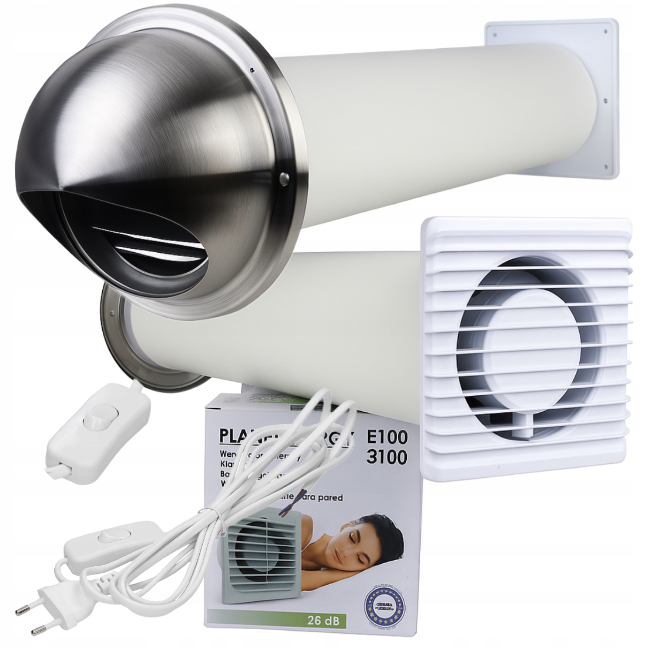 Zestaw wentylacyjny przez ścianę 100 Wywietrznik Ścienny Wentylator Wtyczką